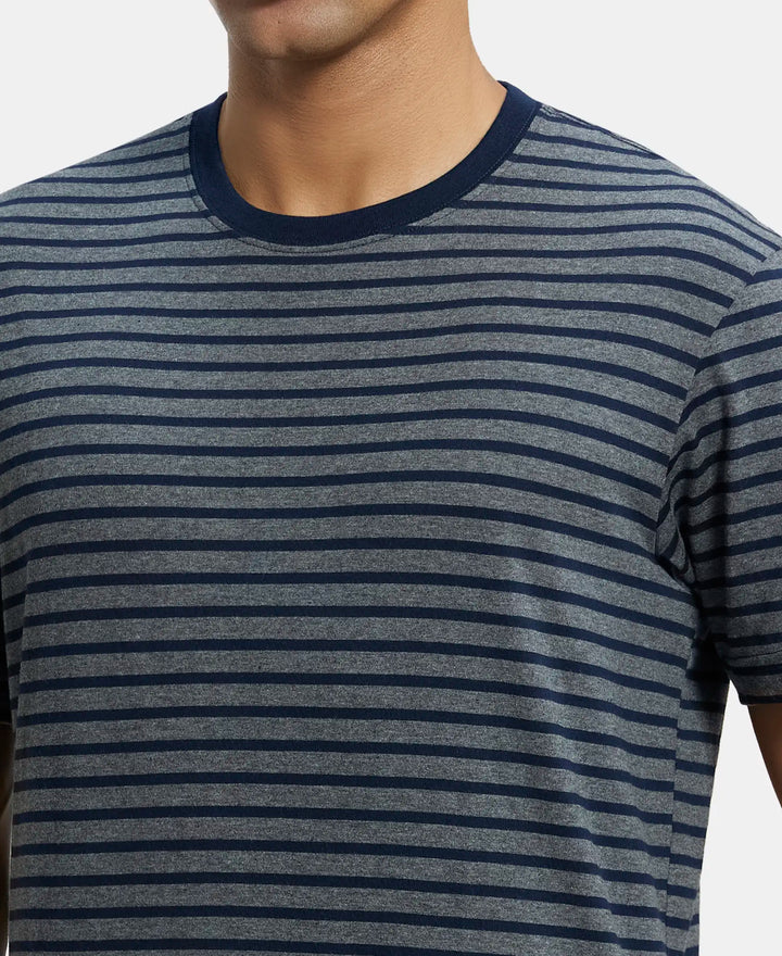 Super Combed Cotton Rich Striped Round Neck Half Sleeve T-Shirt - Navy & Charcoal Melange-6