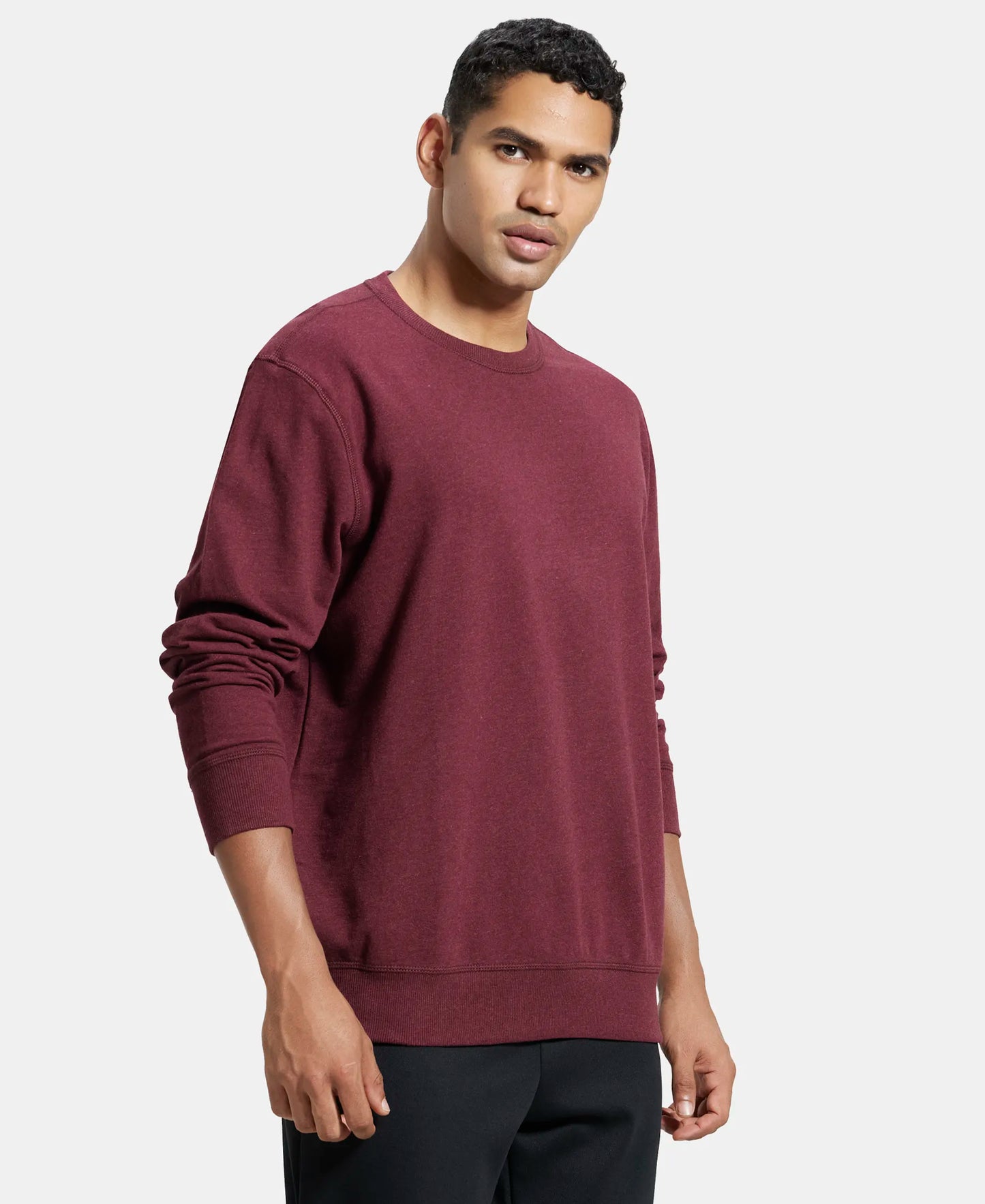 Super Combed Cotton French Terry Solid Sweatshirt with Ribbed Cuffs - Burgundy Melange-2