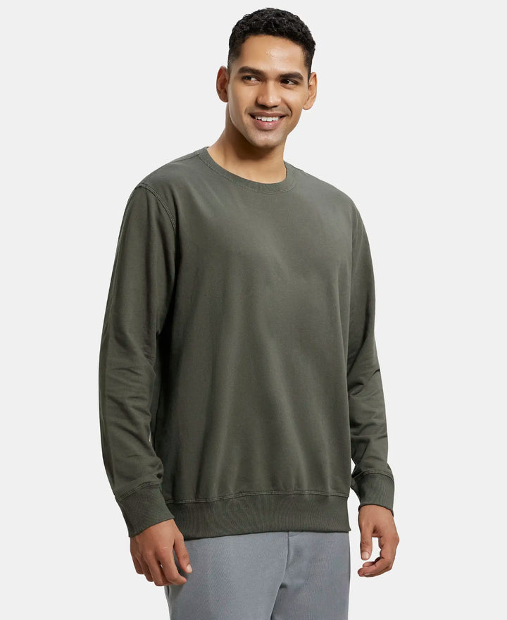 Super Combed Cotton French Terry Solid Sweatshirt with Ribbed Cuffs - Deep Olive-2