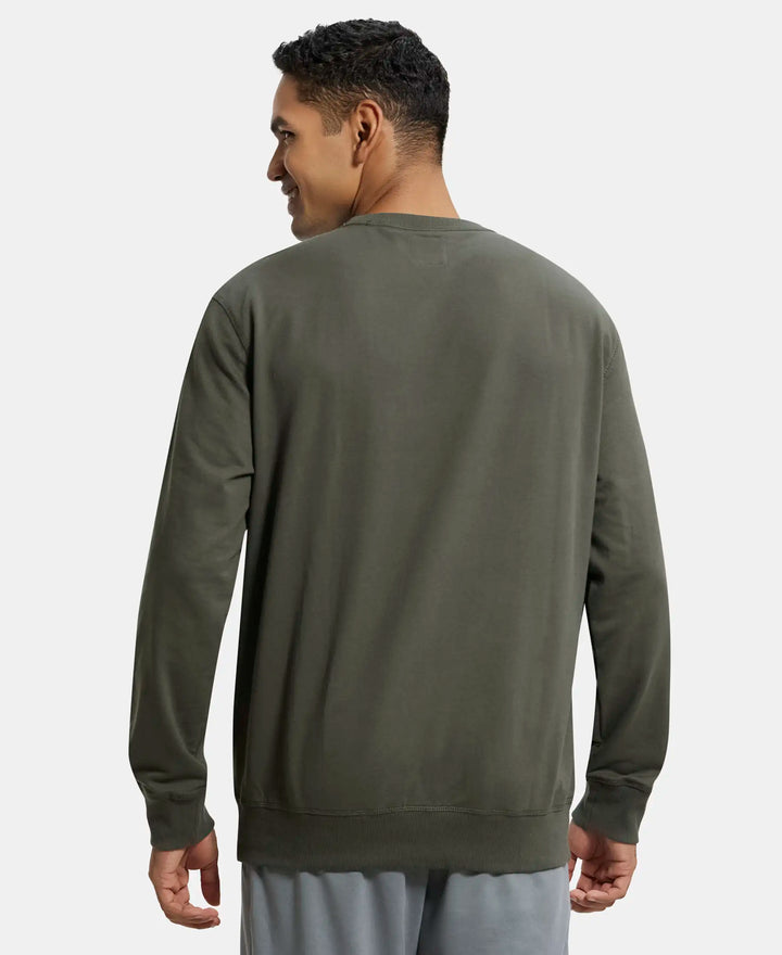 Super Combed Cotton French Terry Solid Sweatshirt with Ribbed Cuffs - Deep Olive-3
