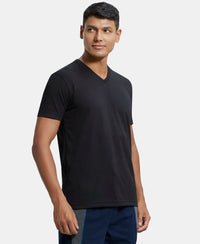 Super Combed Cotton Rich Solid V Neck Half Sleeve T-Shirt  - Black-2