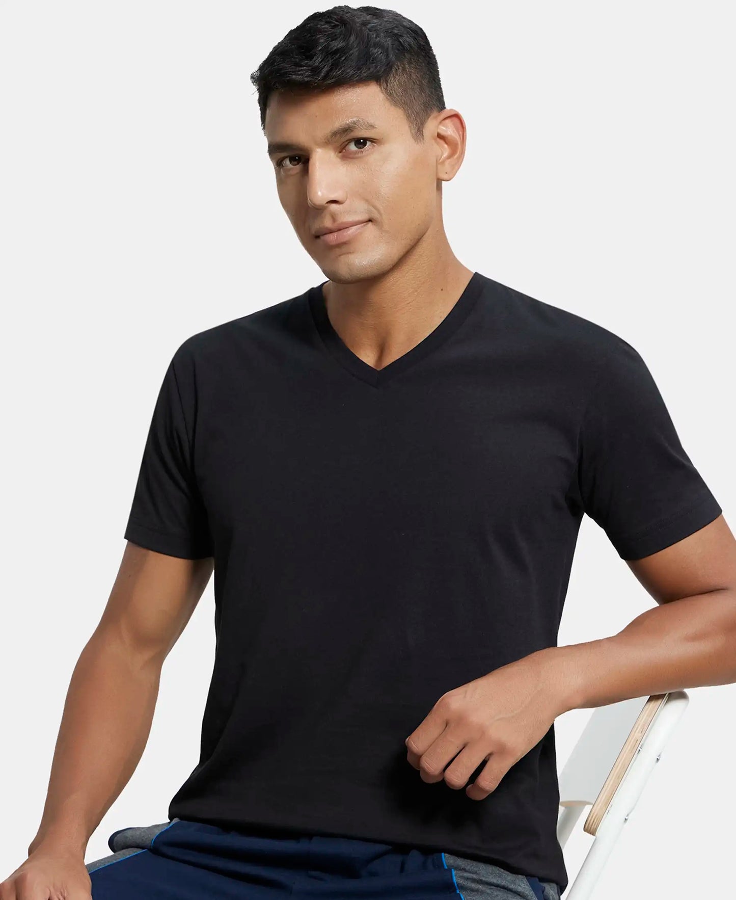 Super Combed Cotton Rich Solid V Neck Half Sleeve T-Shirt  - Black-5