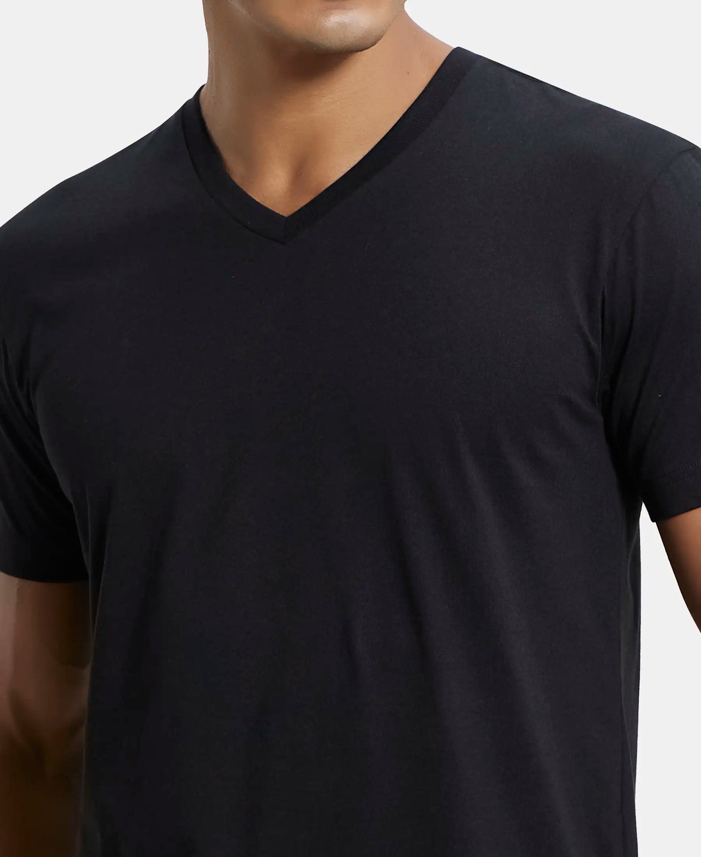 Super Combed Cotton Rich Solid V Neck Half Sleeve T-Shirt  - Black-6