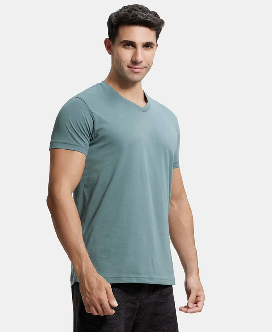 Super Combed Cotton Rich Solid V Neck Half Sleeve T-Shirt  - Balsam Green-2