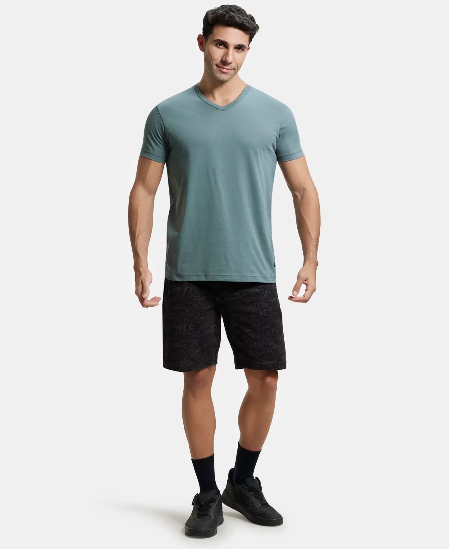 Super Combed Cotton Rich Solid V Neck Half Sleeve T-Shirt  - Balsam Green-4