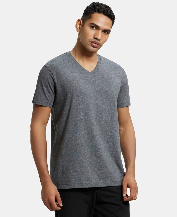 Super Combed Cotton Rich Solid V Neck Half Sleeve T-Shirt  - Charcoal Melange-2