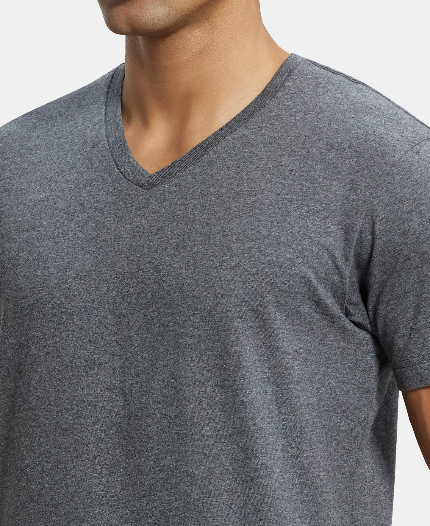 Super Combed Cotton Rich Solid V Neck Half Sleeve T-Shirt  - Charcoal Melange-6