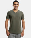 Super Combed Cotton Rich Solid V Neck Half Sleeve T-Shirt  - Deep Olive-1