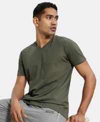 Super Combed Cotton Rich Solid V Neck Half Sleeve T-Shirt  - Deep Olive-5