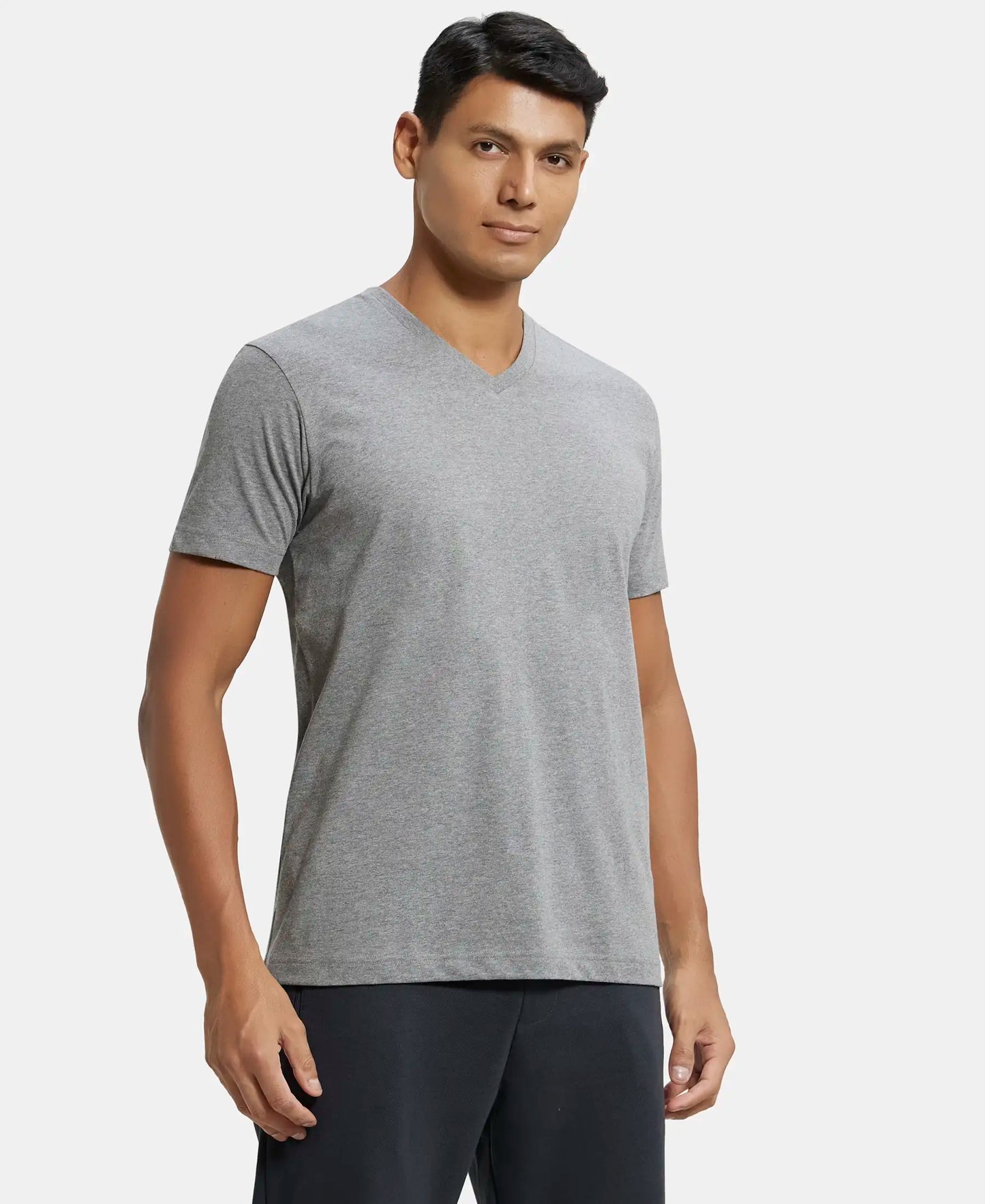 Super Combed Cotton Rich Solid V Neck Half Sleeve T-Shirt  - Grey Melange-2