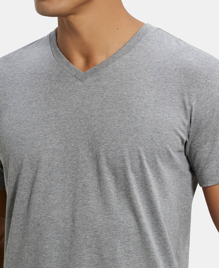 Super Combed Cotton Rich Solid V Neck Half Sleeve T-Shirt  - Grey Melange-6