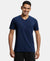 Super Combed Cotton Rich Solid V Neck Half Sleeve T-Shirt - Navy-1