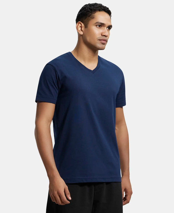 Super Combed Cotton Rich Solid V Neck Half Sleeve T-Shirt  - Navy-2