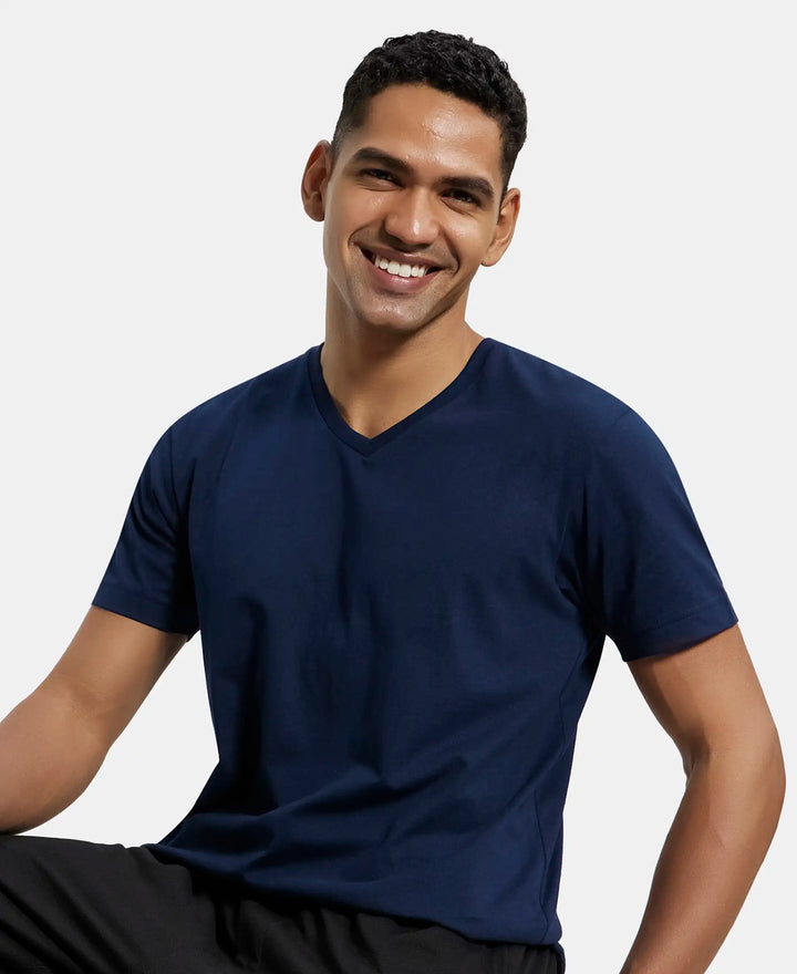 Super Combed Cotton Rich Solid V Neck Half Sleeve T-Shirt  - Navy-5