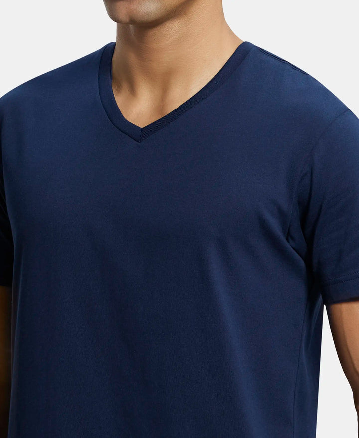 Super Combed Cotton Rich Solid V Neck Half Sleeve T-Shirt - Navy-6