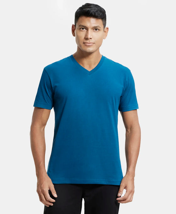 Super Combed Cotton Rich Solid V Neck Half Sleeve T-Shirt  - Seaport Teal-1