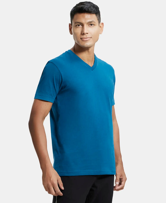 Super Combed Cotton Rich Solid V Neck Half Sleeve T-Shirt  - Seaport Teal-2