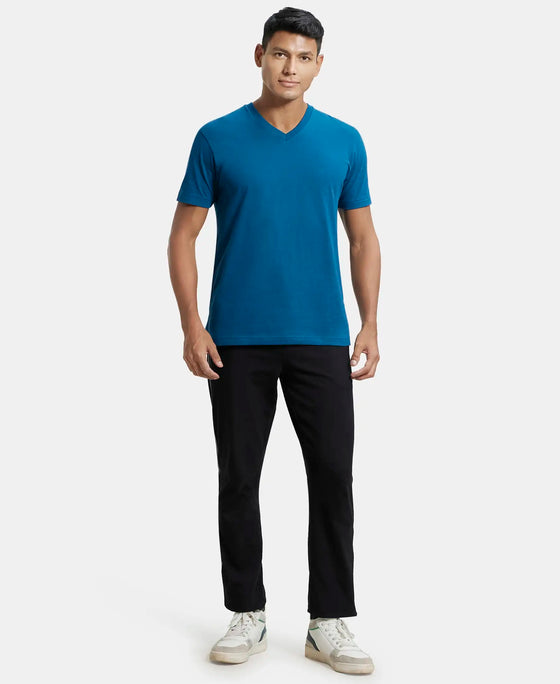 Super Combed Cotton Rich Solid V Neck Half Sleeve T-Shirt  - Seaport Teal-4