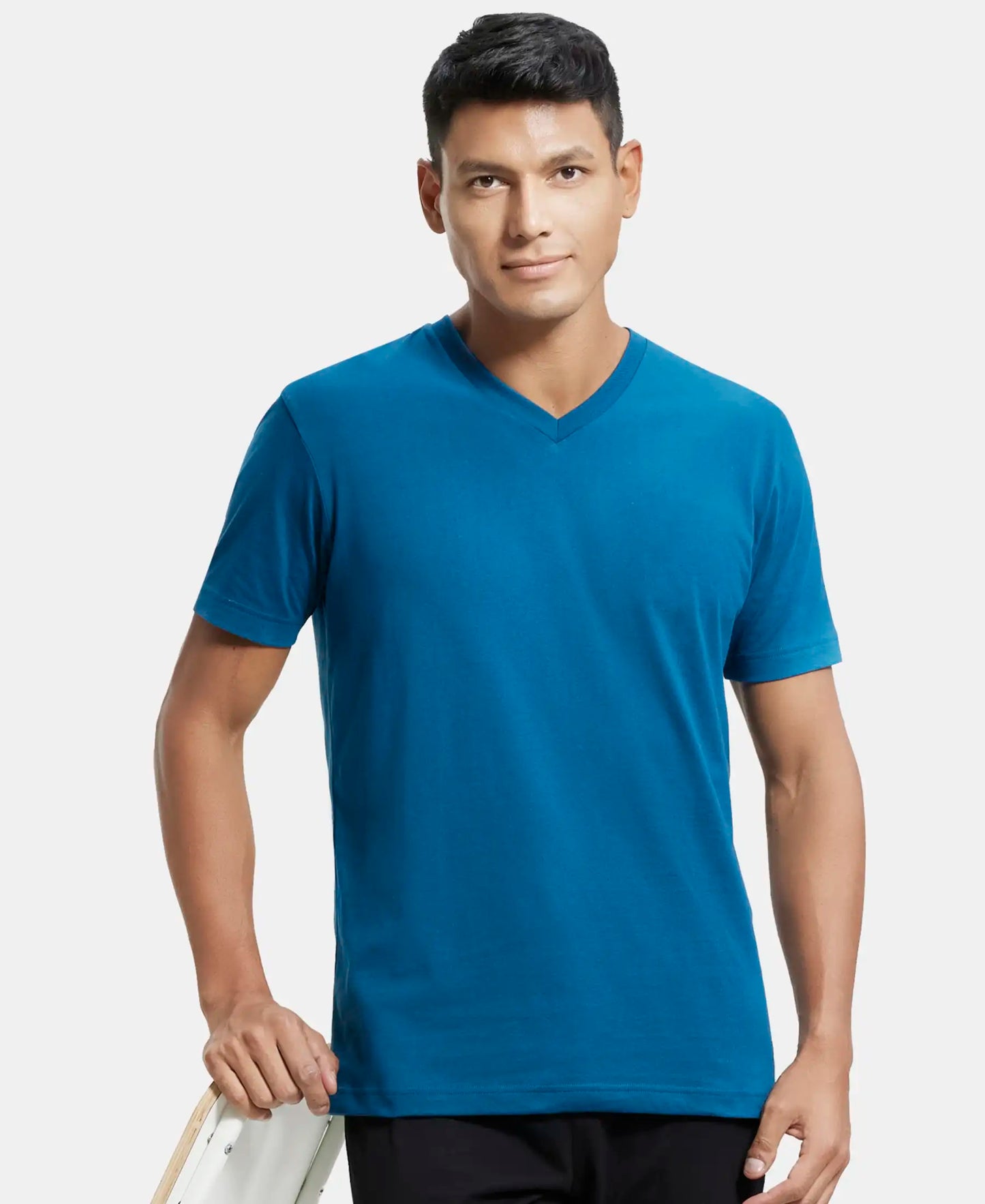 Super Combed Cotton Rich Solid V Neck Half Sleeve T-Shirt  - Seaport Teal-5