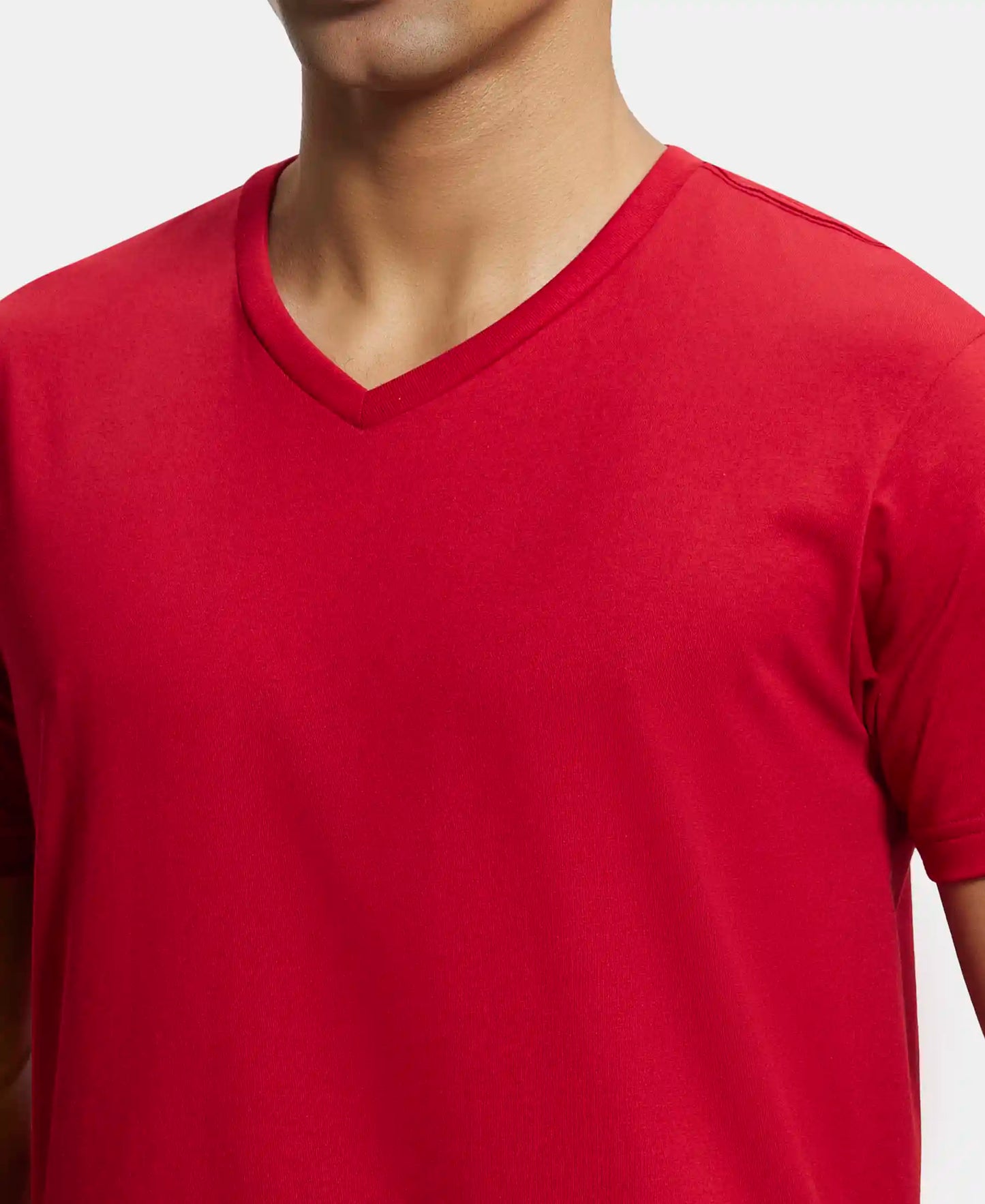 Super Combed Cotton Rich Solid V Neck Half Sleeve T-Shirt  - Shanghai Red-6