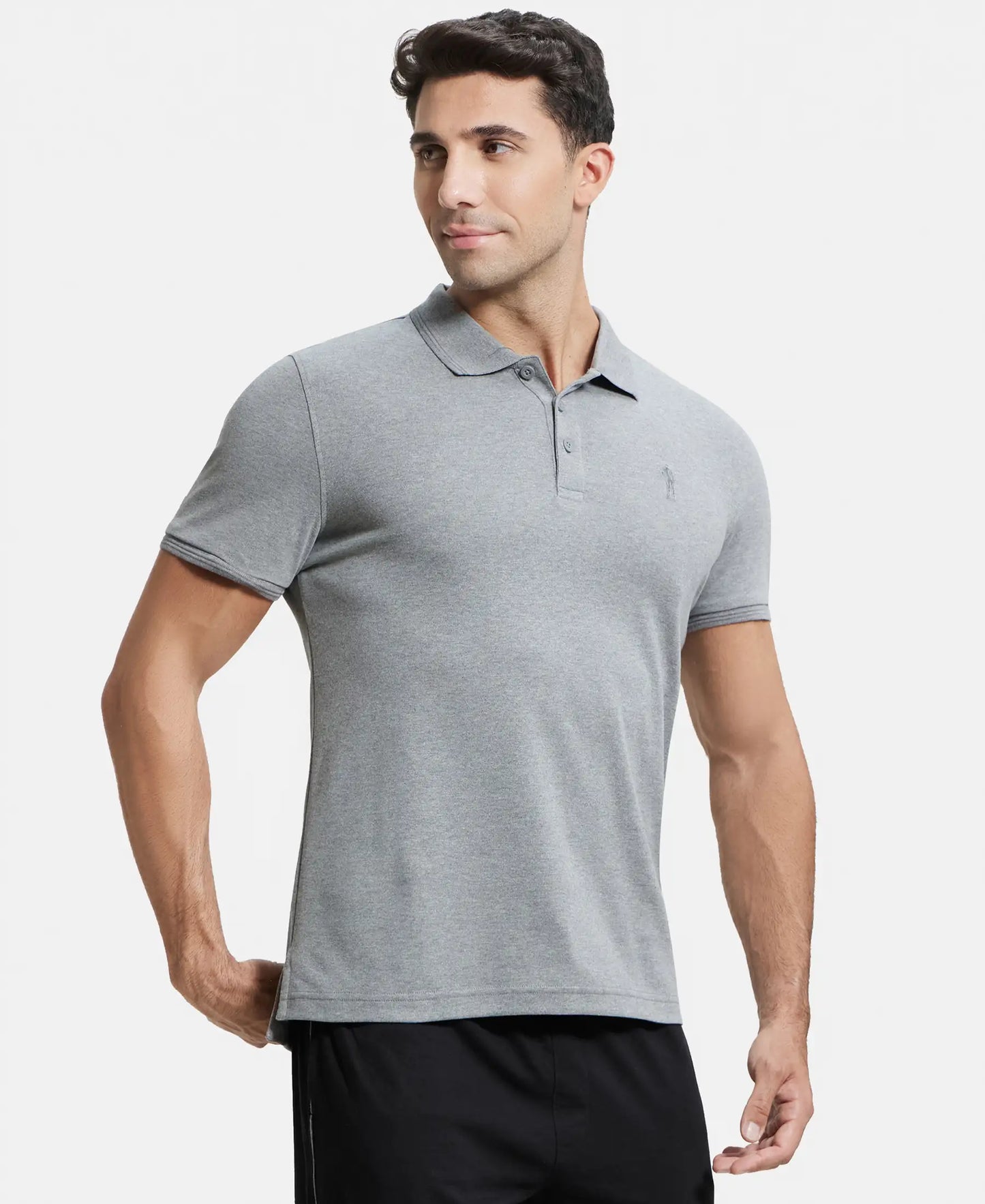 Super Combed Cotton Rich Solid Half Sleeve Polo T-Shirt - Grey Melange-2