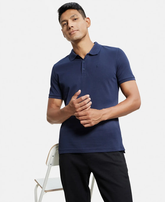 Super Combed Cotton Rich Solid Half Sleeve Polo T-Shirt - Navy-5