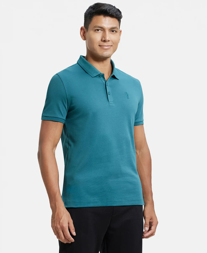 Super Combed Cotton Rich Solid Half Sleeve Polo T-Shirt - Pacific Green-2