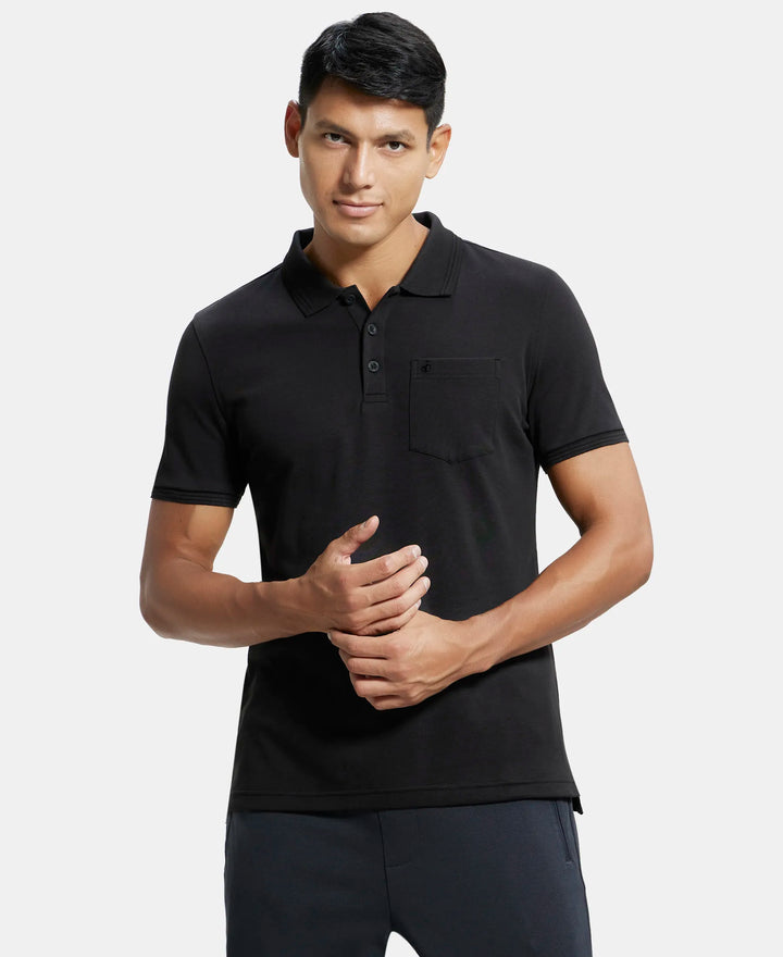 Super Combed Cotton Rich Solid Half Sleeve Polo T-Shirt with Chest Pocket - Black-1