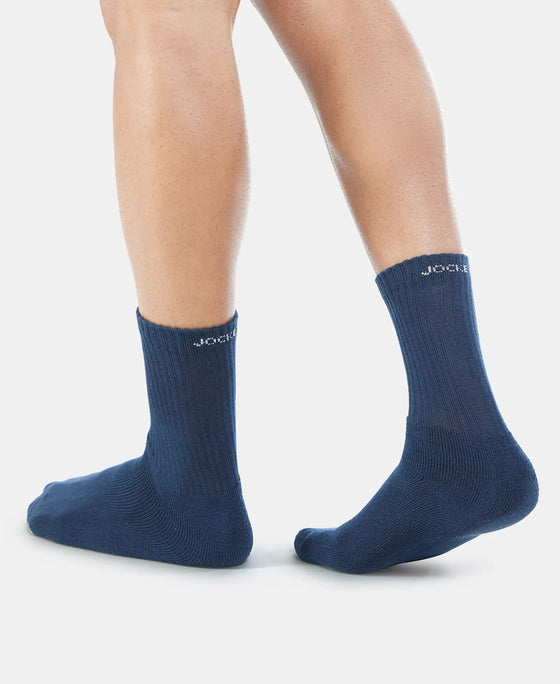 Compact Cotton Terry Crew Length Socks With StayFresh Treatment - Navy-4