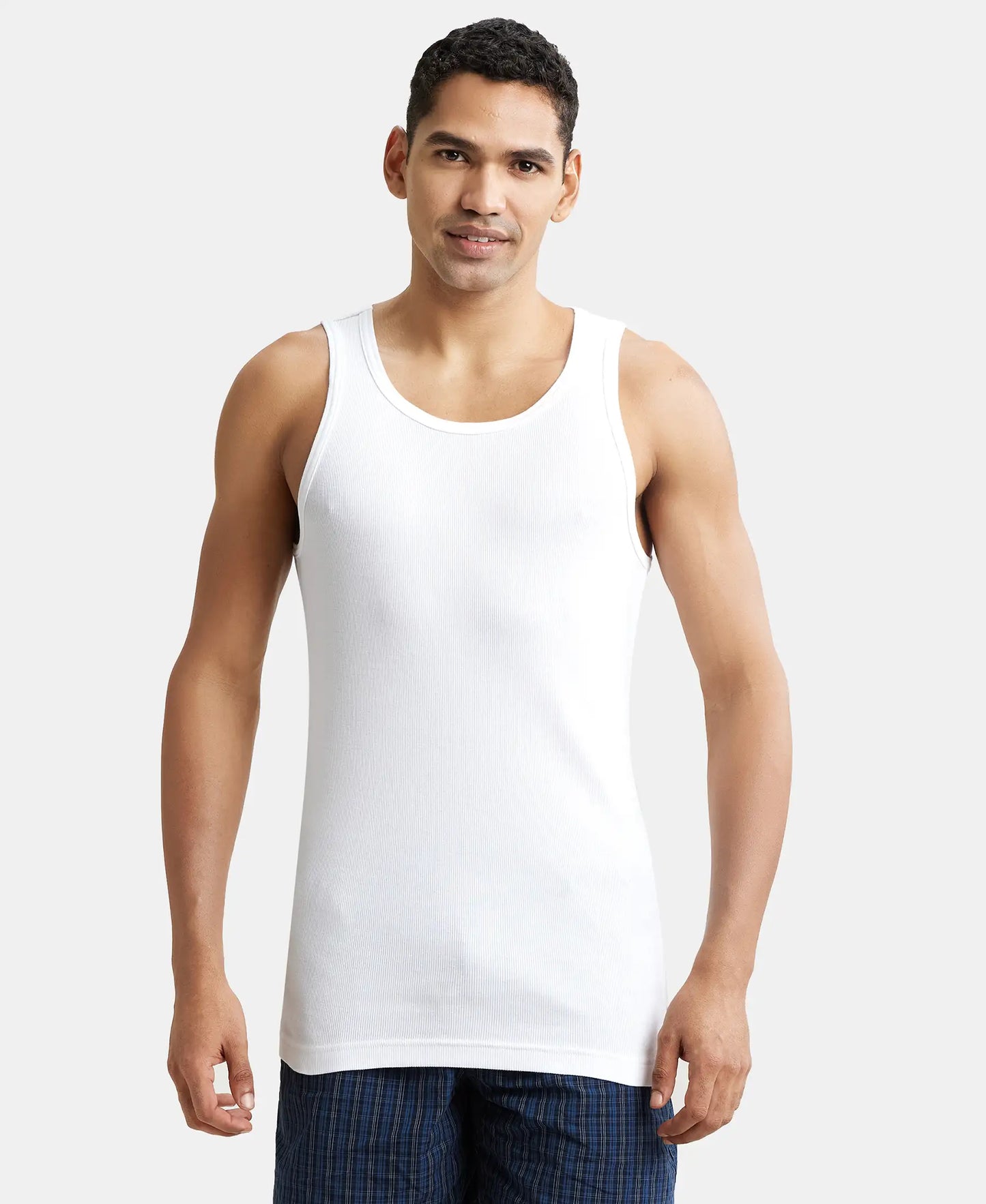 Super Combed Cotton Rib Round Neck Sleeveless Vest with Stay Fresh Properties - White-1