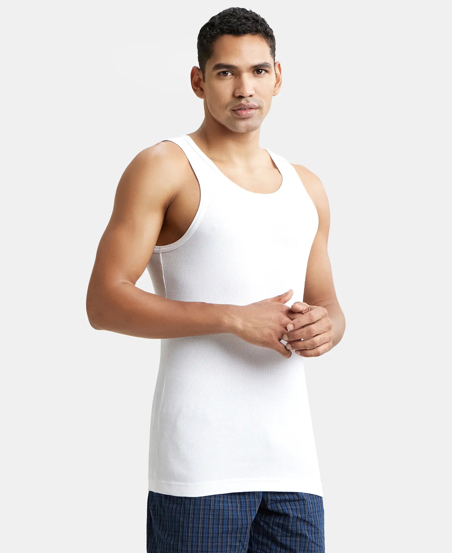 Super Combed Cotton Rib Round Neck Sleeveless Vest with Stay Fresh Properties - White-2