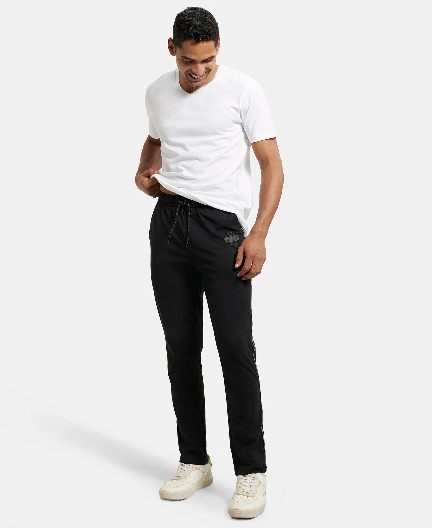 Super Combed Cotton Rich Slim Fit Trackpant with Side and Back Pockets - Black & Grey Melange-4