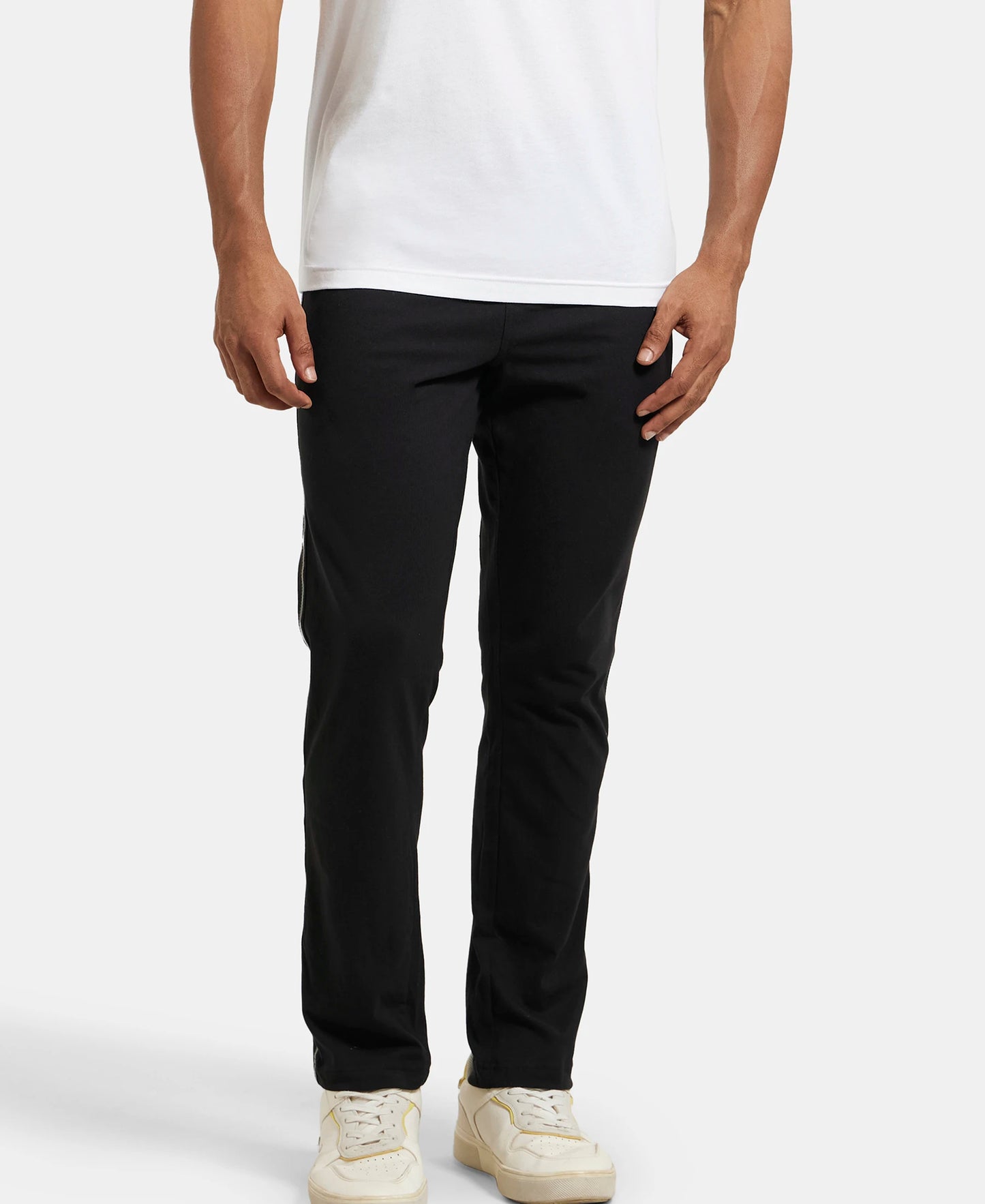 Super Combed Cotton Rich Slim Fit Trackpant with Side and Back Pockets - Black & Grey Melange-5