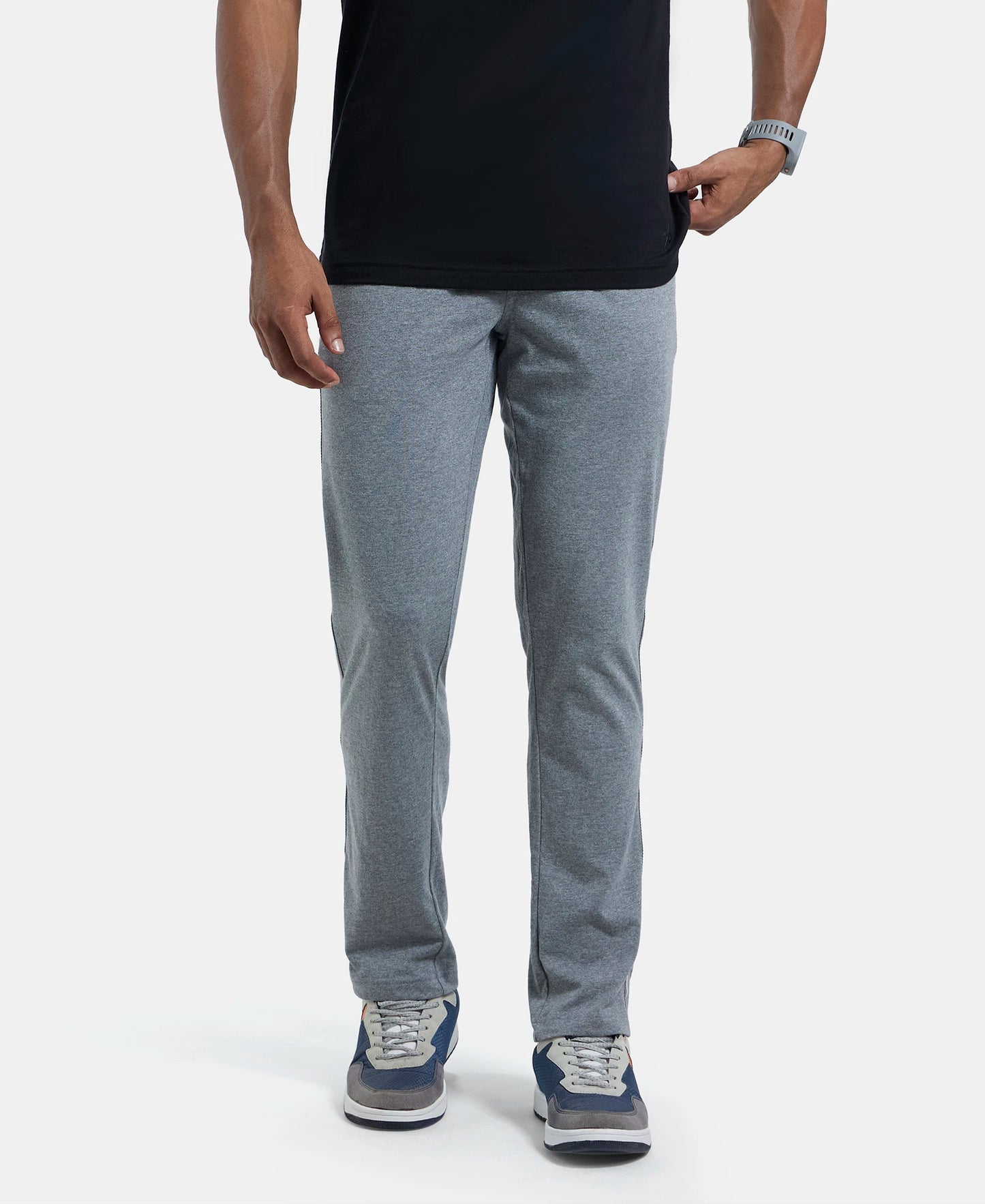 Super Combed Cotton Rich Slim Fit Trackpant with Side and Back Pockets - Grey Melange & Black-5