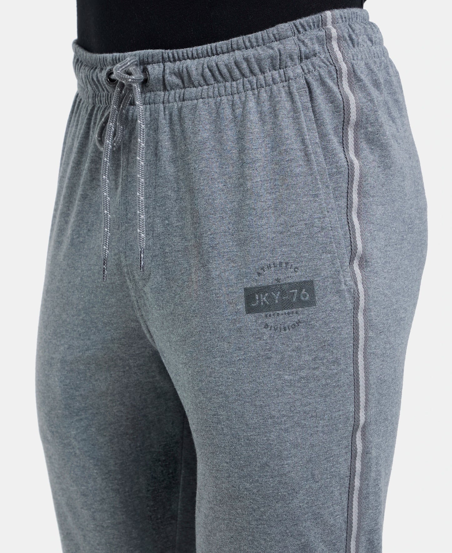 Super Combed Cotton Rich Slim Fit Trackpant with Side and Back Pockets - Grey Melange & Black-7