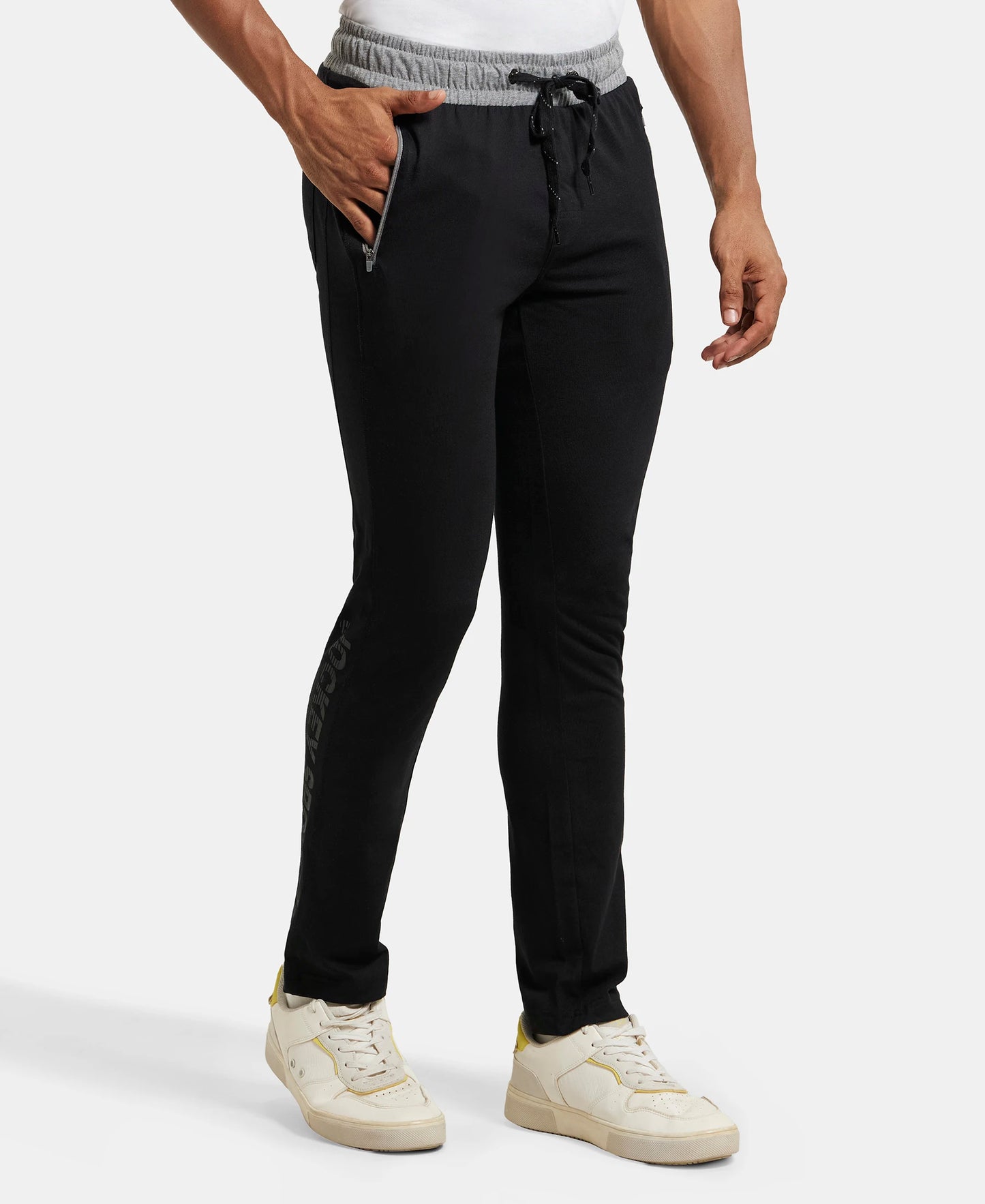 Super Combed Cotton Rich Slim Fit Trackpant with Side Zipper Pockets - Black & Grey Melange-2