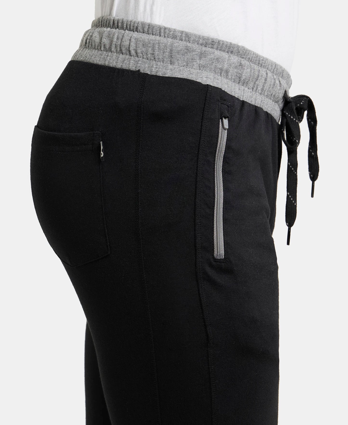 Super Combed Cotton Rich Slim Fit Trackpant with Side Zipper Pockets - Black & Grey Melange-7