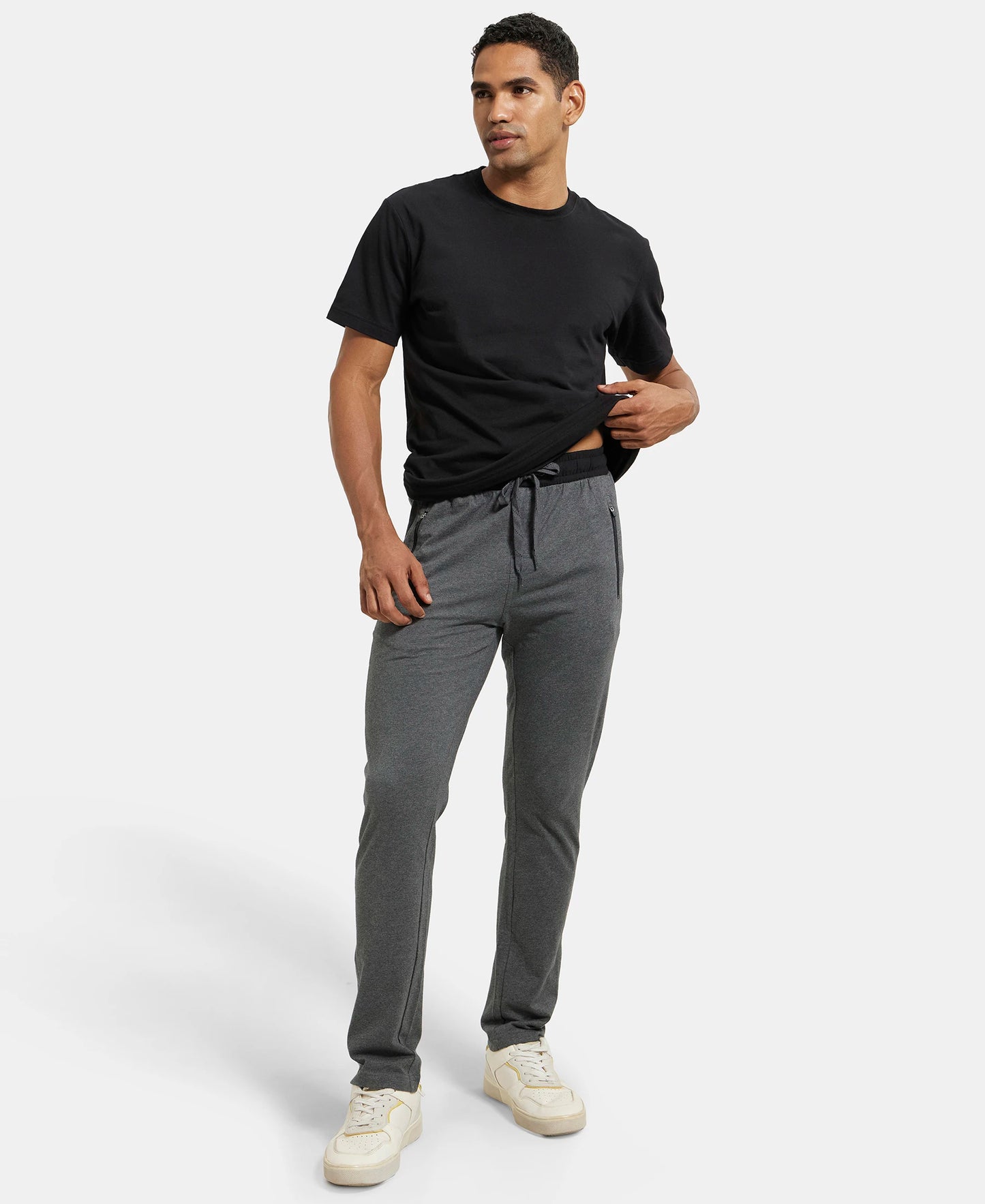 Super Combed Cotton Rich Slim Fit Trackpant with Side Zipper Pockets - Charcoal Melange & Black-4