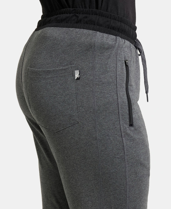 Super Combed Cotton Rich Slim Fit Trackpant with Side Zipper Pockets - Charcoal Melange & Black-7