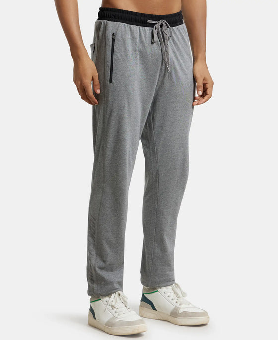 Super Combed Cotton Rich Slim Fit Trackpant with Side Zipper Pockets - Grey Melange & Black-2