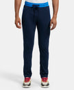 Super Combed Cotton Rich Slim Fit Trackpant with Side Zipper Pockets - Navy & Neon Blue-1