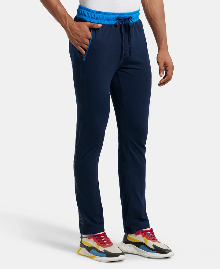 Super Combed Cotton Rich Slim Fit Trackpant with Side Zipper Pockets - Navy & Neon Blue-2