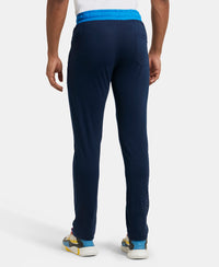 Super Combed Cotton Rich Slim Fit Trackpant with Side Zipper Pockets - Navy & Neon Blue-3
