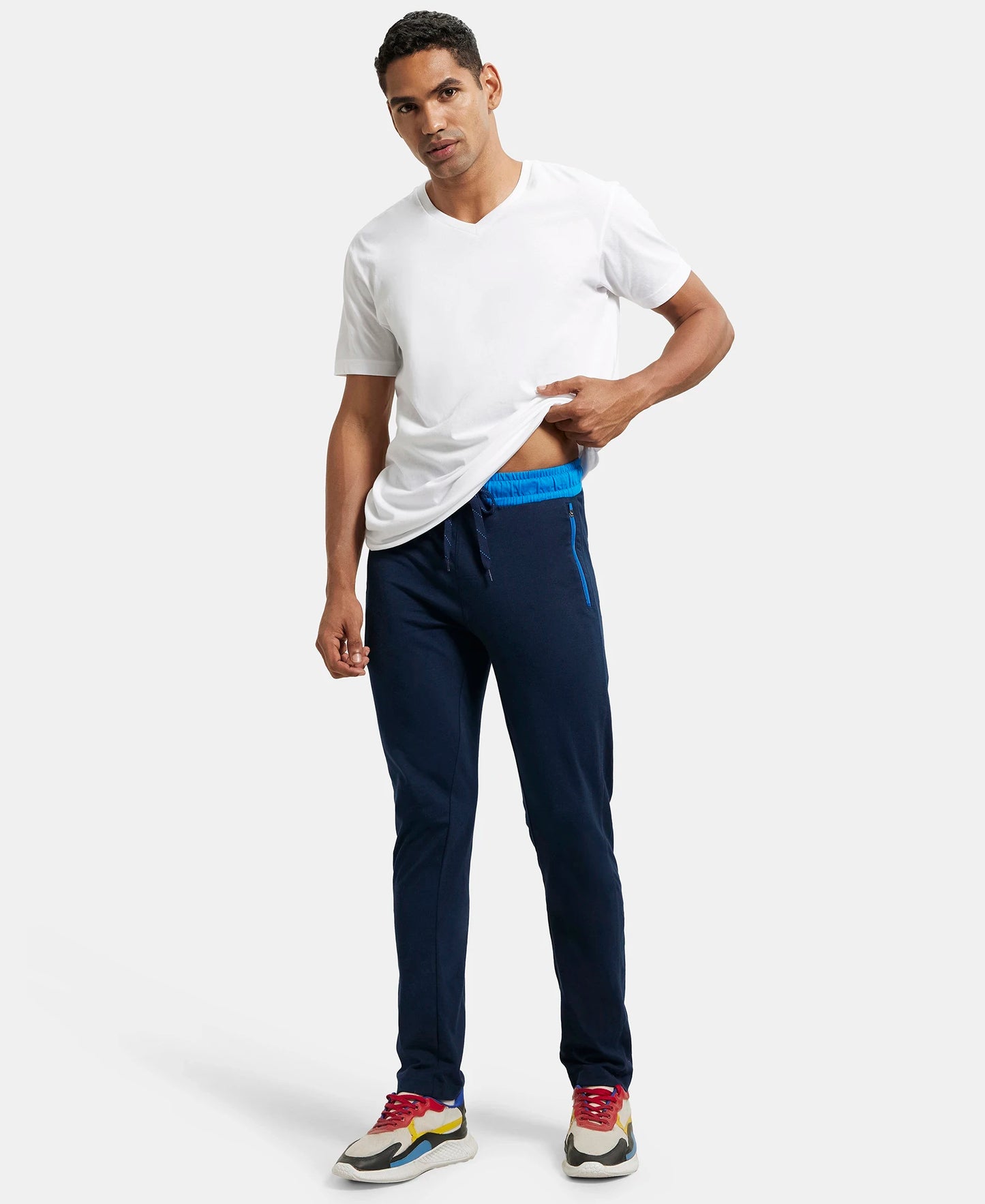 Super Combed Cotton Rich Slim Fit Trackpant with Side Zipper Pockets - Navy & Neon Blue-6