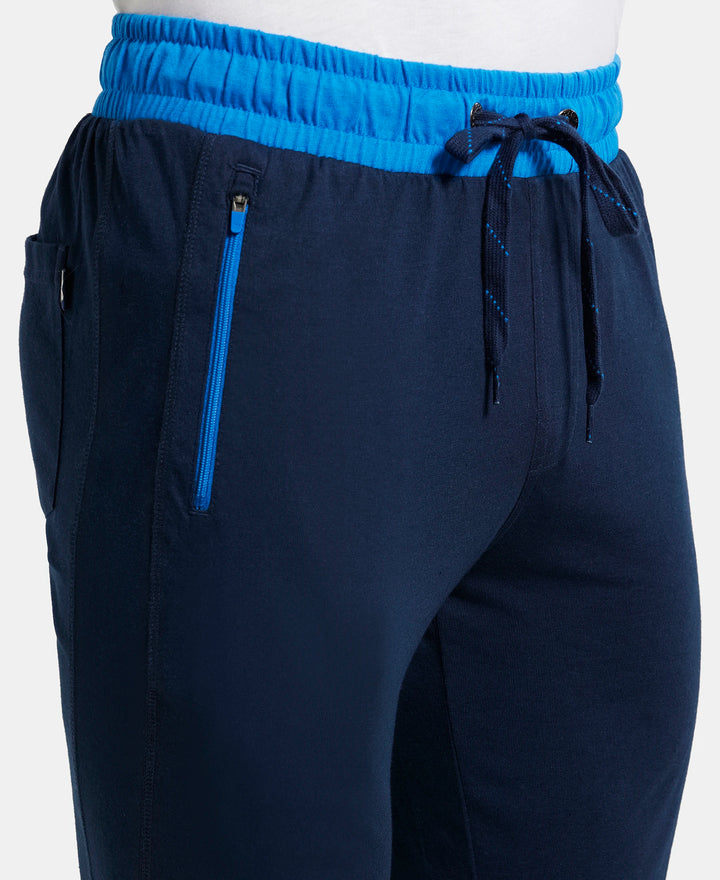Super Combed Cotton Rich Slim Fit Trackpant with Side Zipper Pockets - Navy & Neon Blue-7