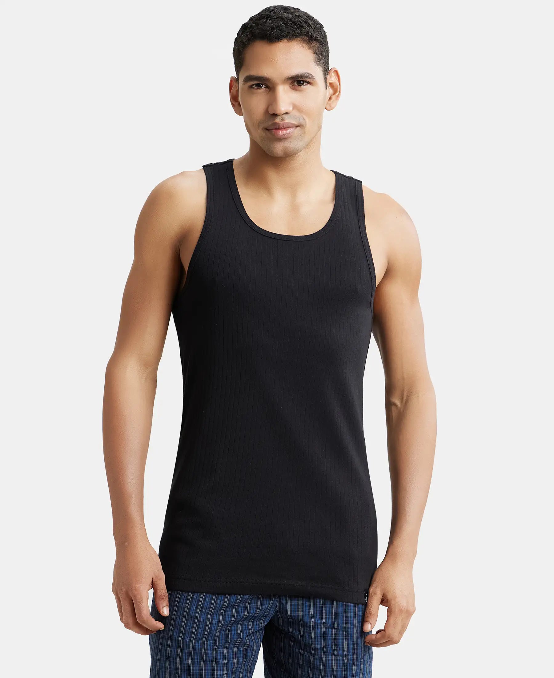 Super Combed Cotton Rib Round Neck Gym Vest - Black 9922