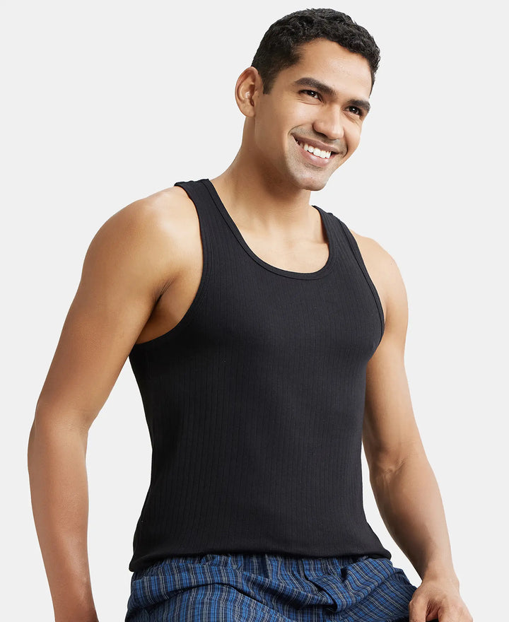 Super Combed Cotton Rib Round Neck with Racer Back Gym Vest - Black-5