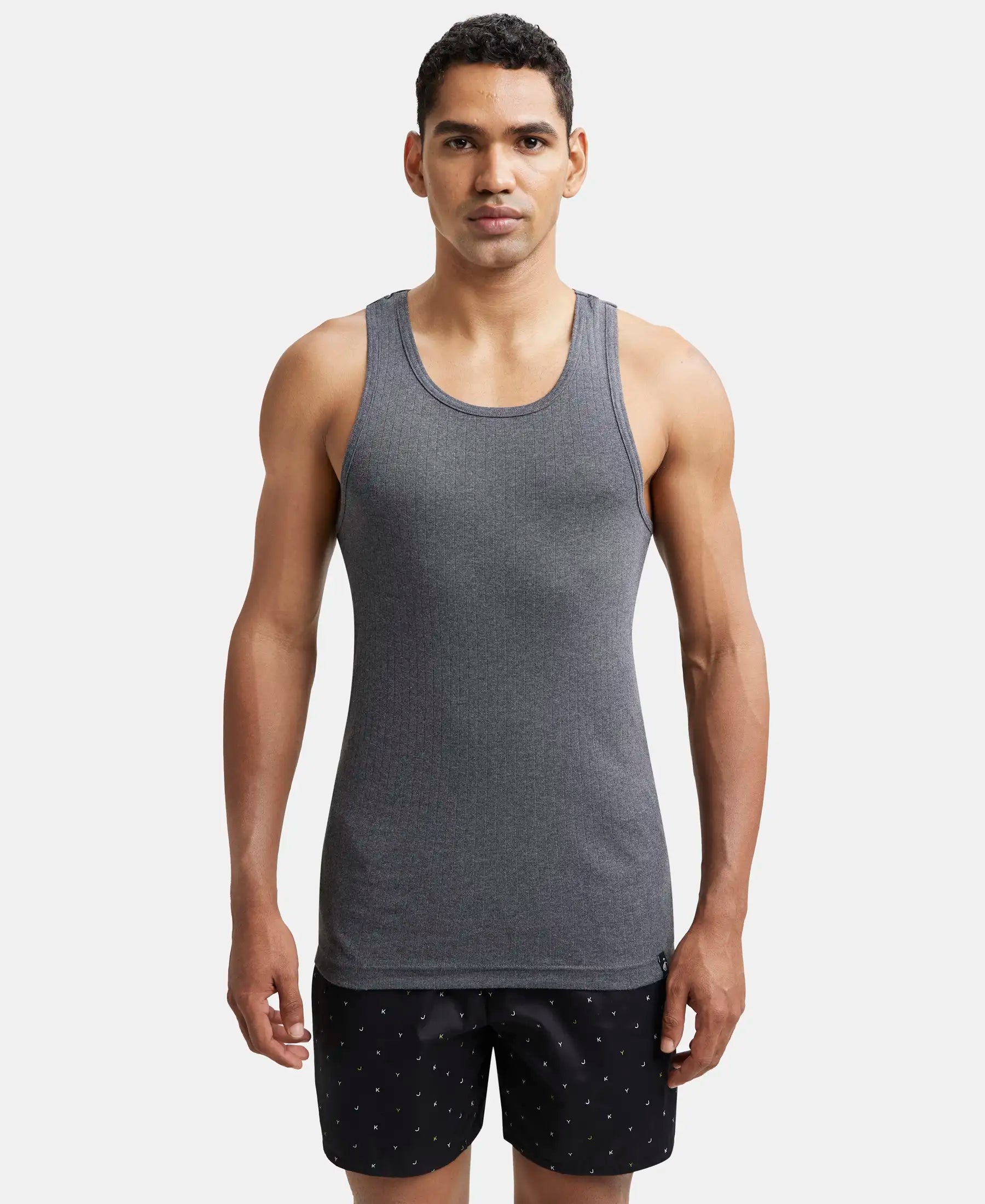 Buy Super Combed Cotton Rib Round Neck with Racerback Gym Vest Charcoal Melange 9922 Jockey India