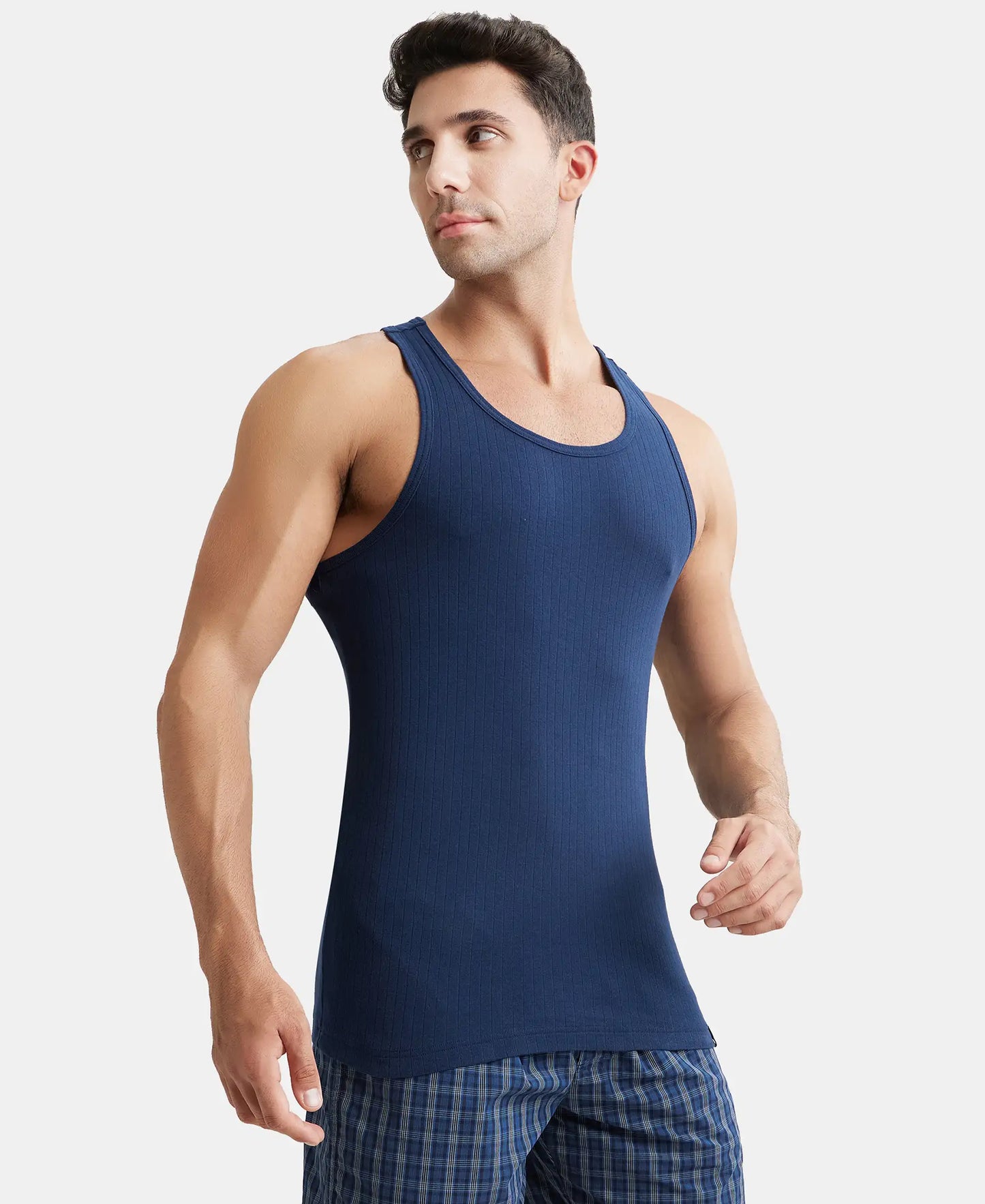 Super Combed Cotton Rib Round Neck with Racer Back Gym Vest - Navy-2