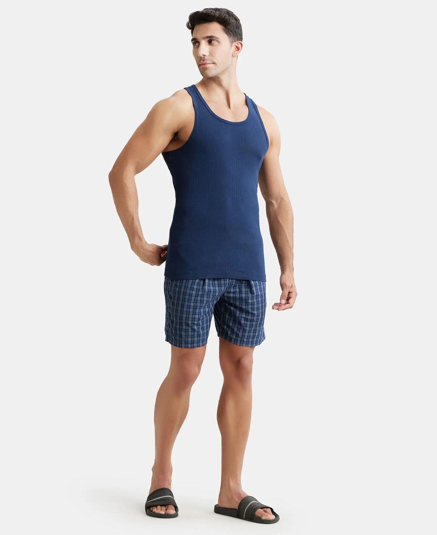 Super Combed Cotton Rib Round Neck with Racer Back Gym Vest - Navy-4